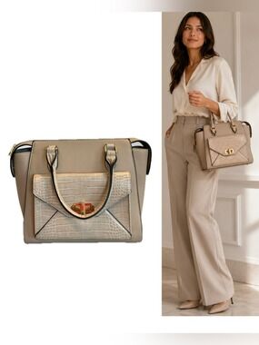 Taupe Croc Embossed Structured Satchel Handbag Gold Hardware Top Handle Purse